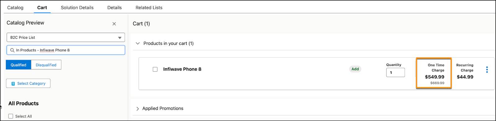 [Infiwave Phone 8] の新規価格リストエントリがカートに表示される。