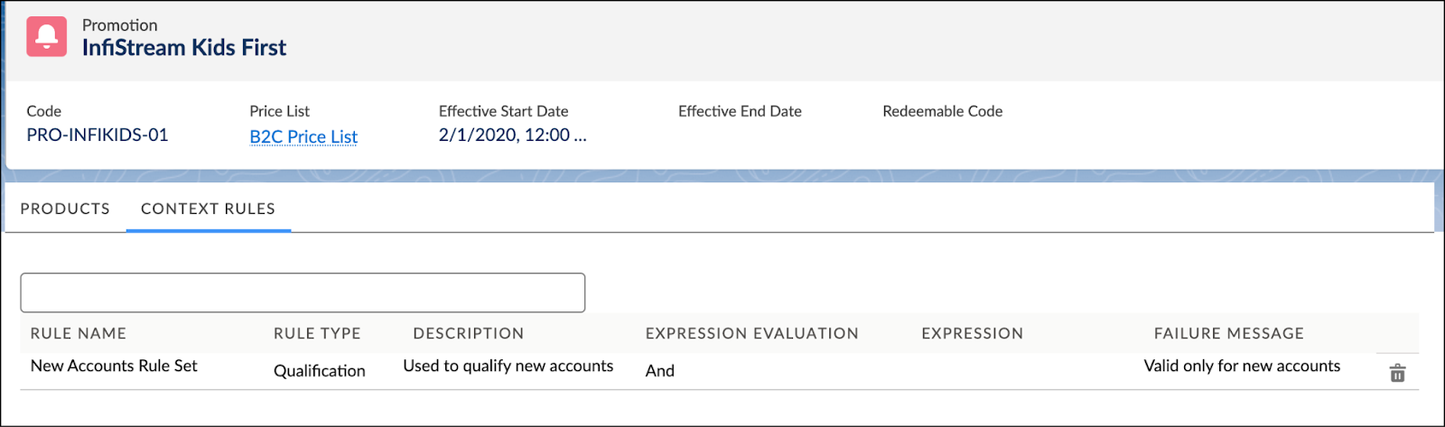 The New Accounts Rule Set has been added to the InfiStream Kids First promotion.