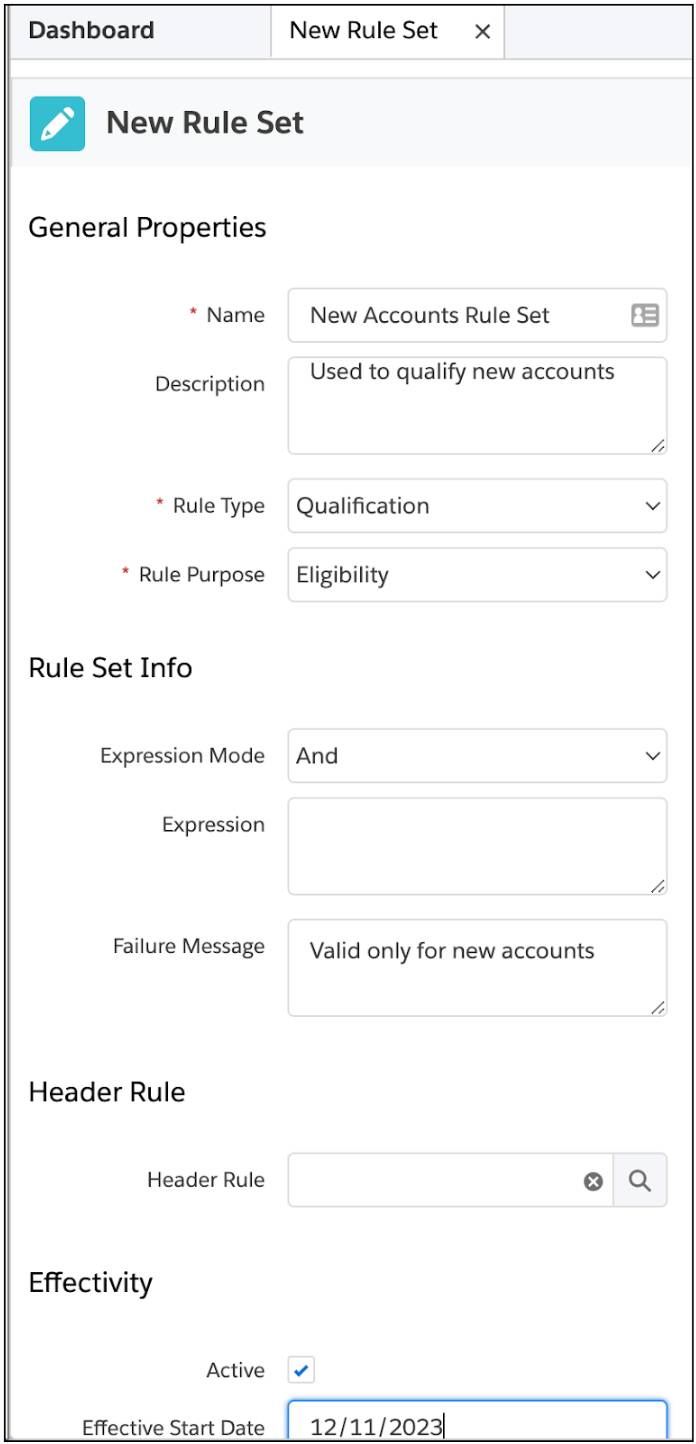 The New Rule Set page with details filled in.