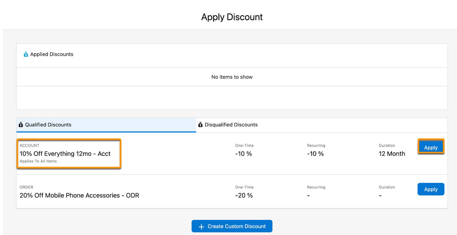 The Apply Discount dialog showing the list of Qualified Discounts.