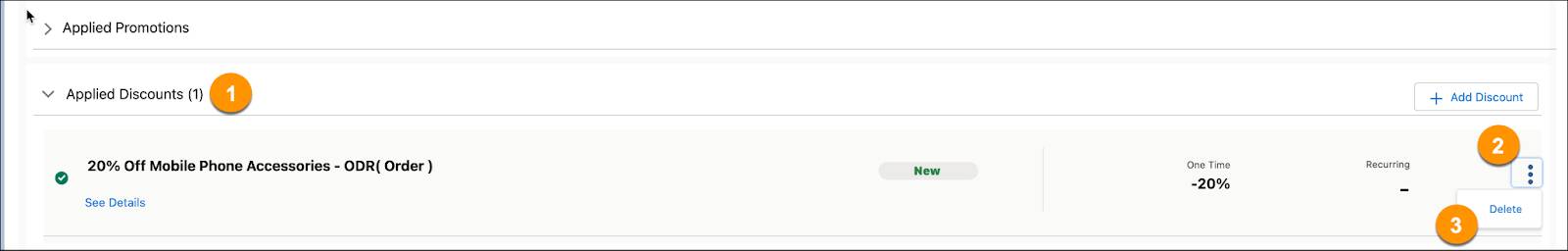 Screenshot corresponding to the following steps to delete a discount.