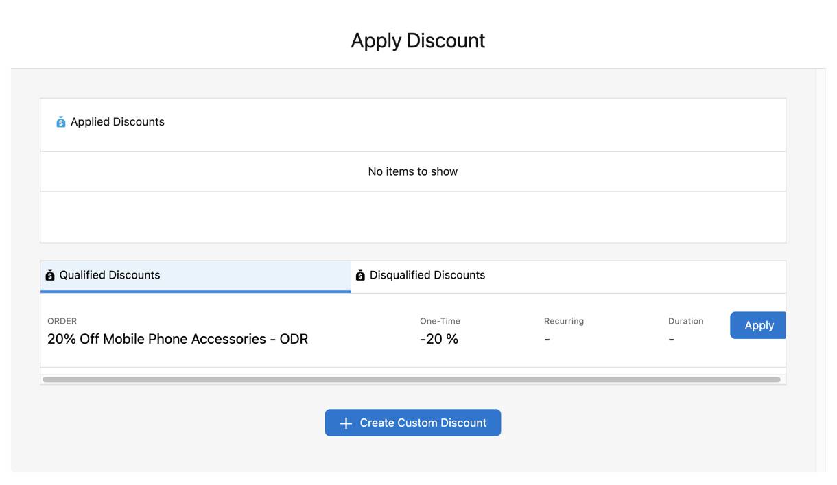 The new order-based discount is visible under the Qualified Discounts tab in the Apply Discount dialog.