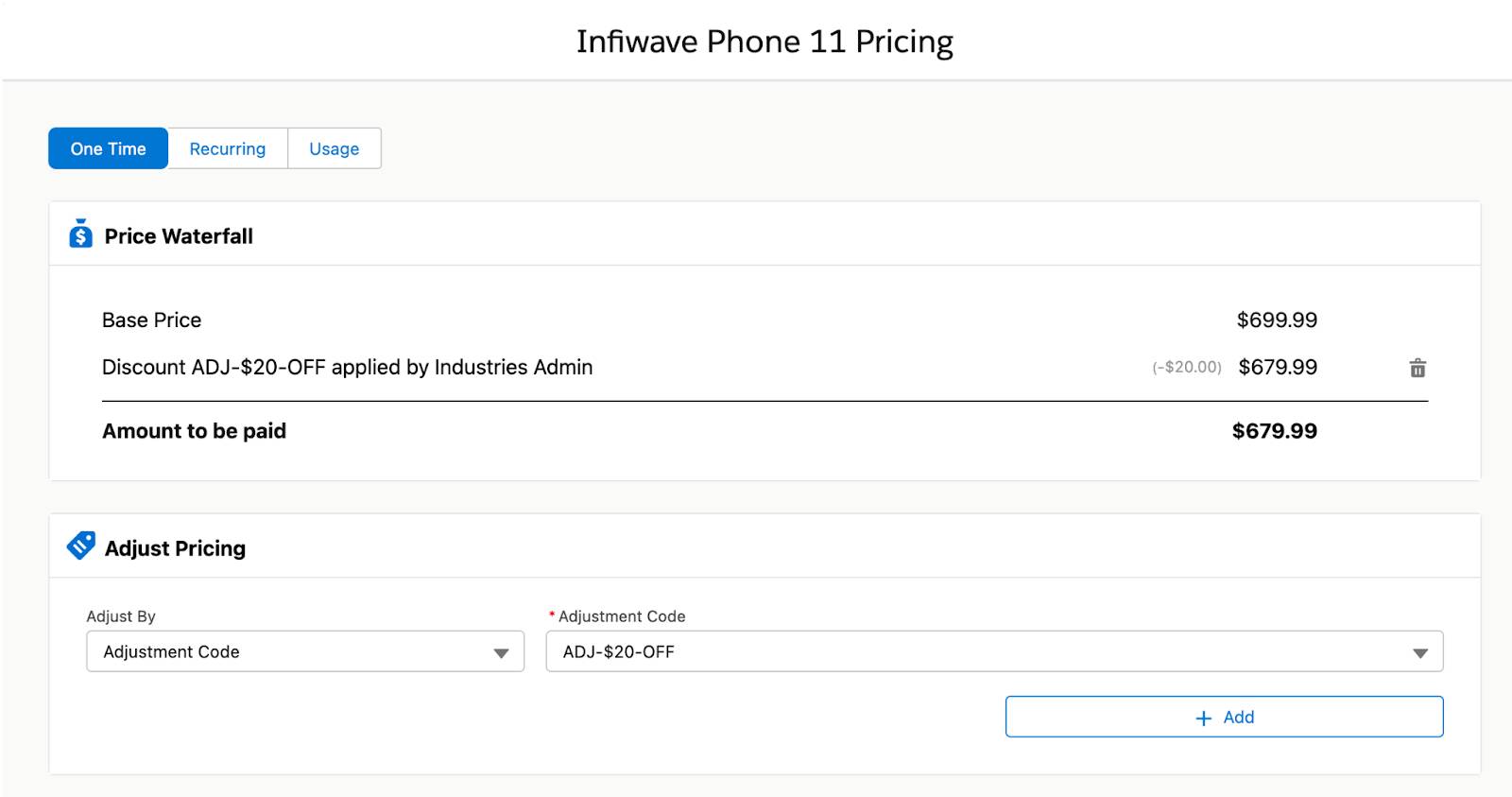 Infiwave Phone 11 Pricing dialog showing the Price Waterfall and Adjust Pricing sections.