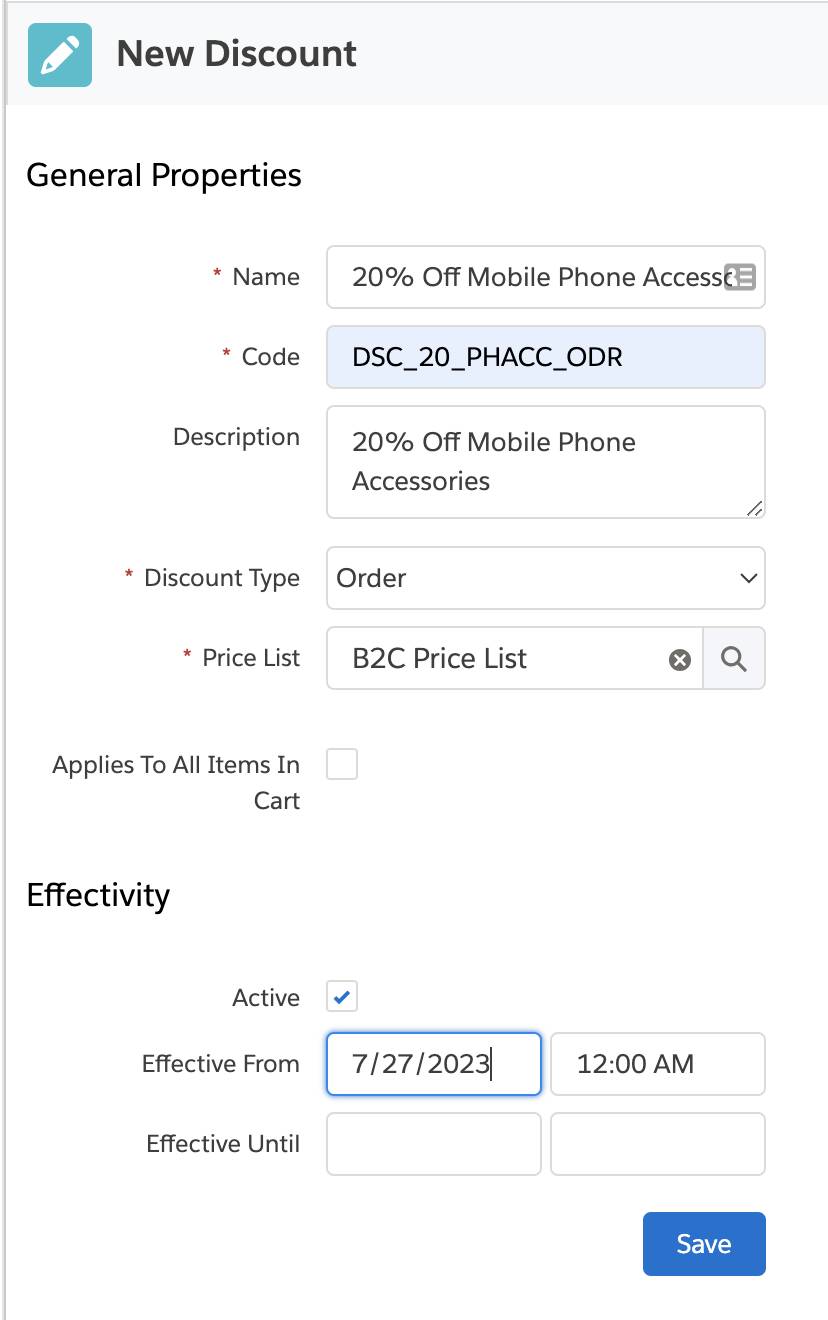 詳細が入力された [New Discount (新規割引)] ダイアログ。