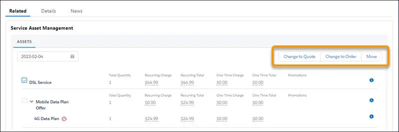 Industries CPQ extends the asset view with Change to Quote, Change to Order, and Move actions.