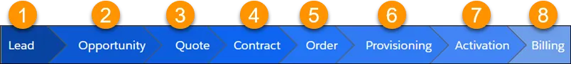 The eight steps involved in the sales process are Lead, Opportunity, Quote, Contract, Order, Provisioning, Activation, and Billing.