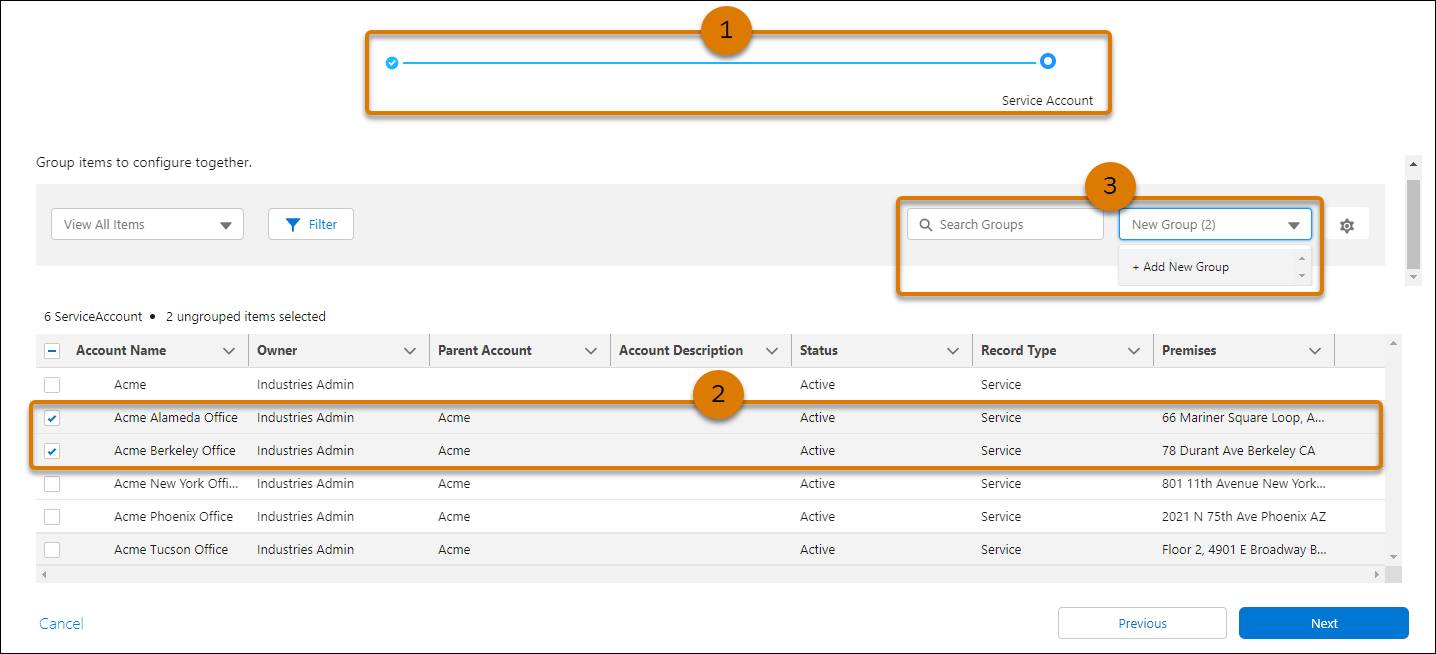 Group items step screen in the multisite quote creation workflow