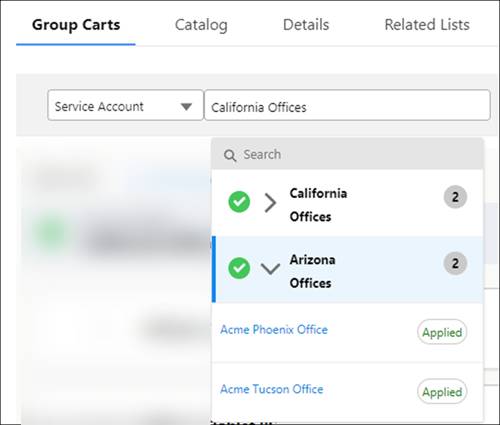 Group menu and search results showing Arizona Offices service accounts