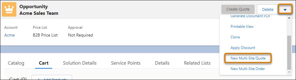 New Multisite Quote in dropdown menu on opportunity screen