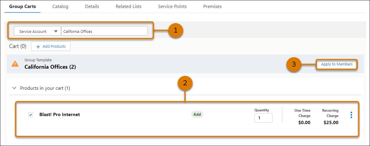 Group Cart example showing how to add Blast! Pro Internet to the California Offices group