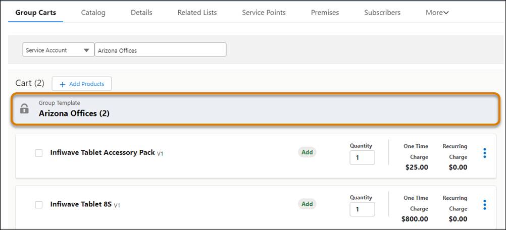 Arizona Offices group template with a lock icon next to it in the Cart.