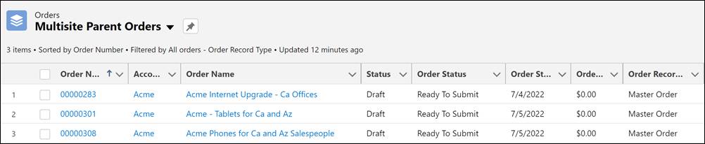 Multisite Parent Orders list showing three orders with an Order Record Type value of Master Order.