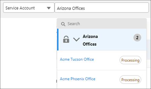 Arizona Offices parent order and nested Acme Tucson Office and Acme Phoenix Office child orders showing a status of Processing.