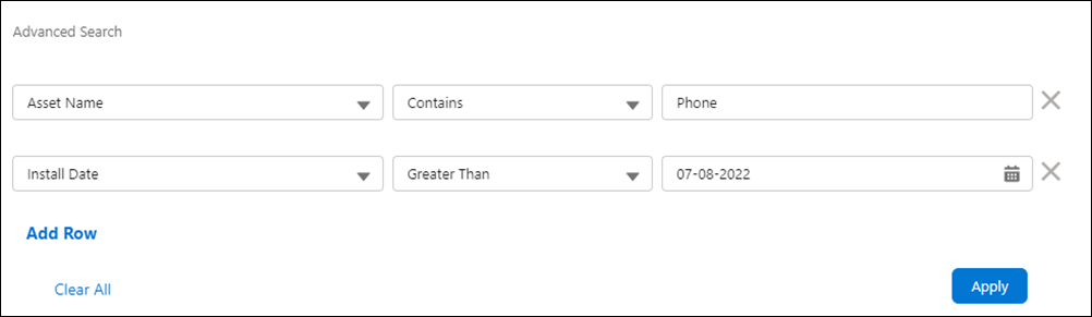 Advanced Search with rows of conditions and Add Row, Clear All, and Apply buttons