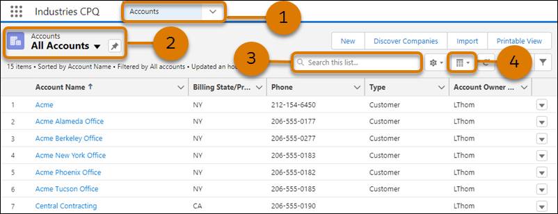 Accounts workspace in Industries CPQ displaying an All Accounts list view, searchbar, and Display As icon