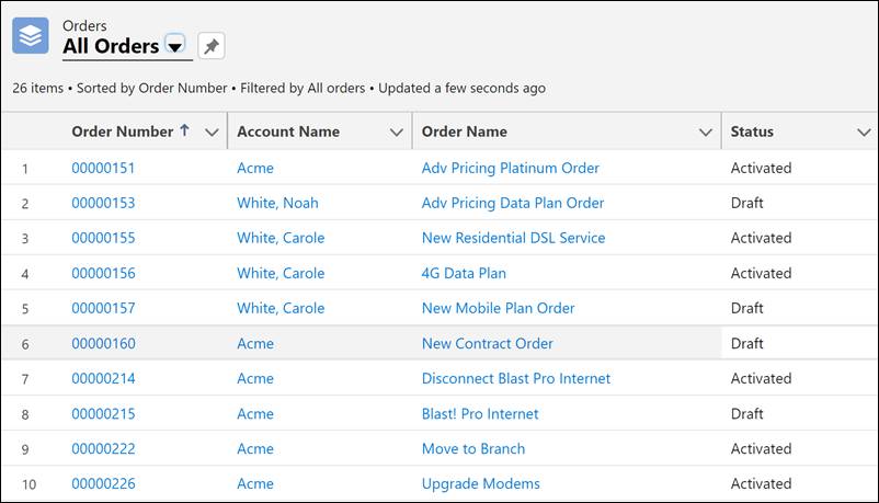 Orders workspace displaying rows of order information with columns for Order Number, Account Name, Order Name, and Status