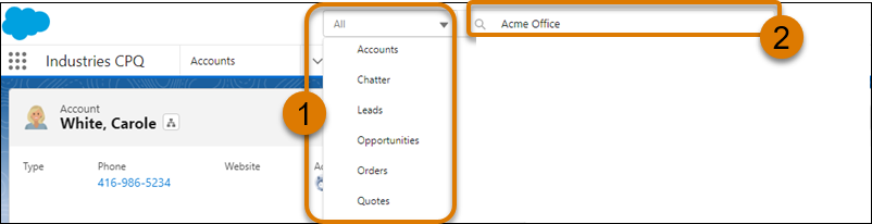 Dropdown list of search filters including Accounts, Chatter, Leads, Opportunities, Orders, and Quotes, and search bar containing Acme Office text