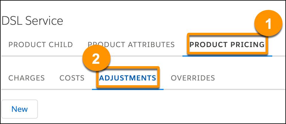 [Product Pricing (商品価格設定)]、[Adjustments (調整)] の順にクリックする上記のステップに対応するスクリーンショット。