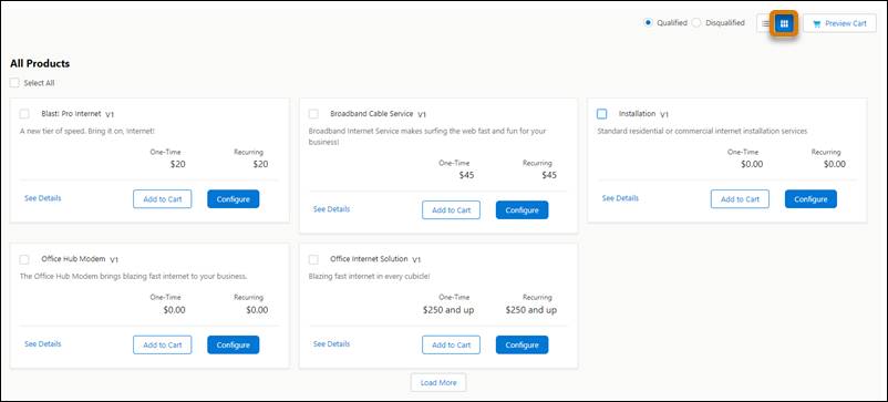 Tile View button selected with products in tile format below