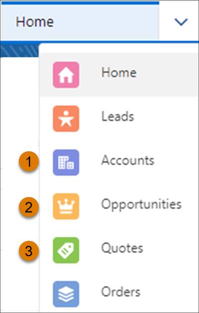 ナビゲーションタブの [Accounts (取引先)]、[Opportunities (商談)]、[Quotes (見積)] オプション