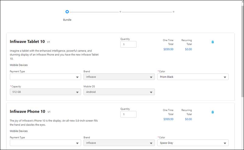 Infiwave Tablet 10 and Infiwave Phone 10 products in the Bundle step of the guided bulk configuration screen