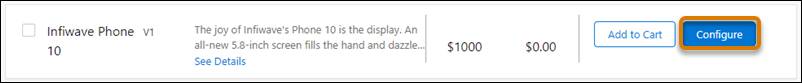 Infiwave Phone 10 product in the cart with the Configure button highlighted