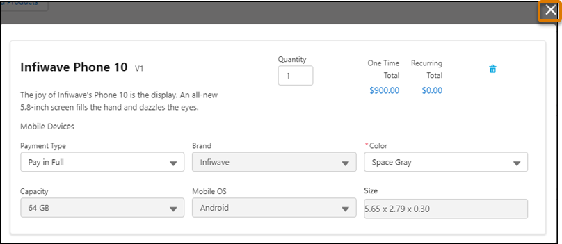 Infiwave Phone 10 product configuration details dialog, including configurable and non-configurable attributes