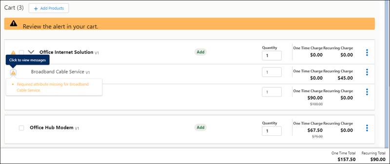 An alert for the Broadband Cable Service product that reads, “Required attribute missing for Broadband Cable Service”