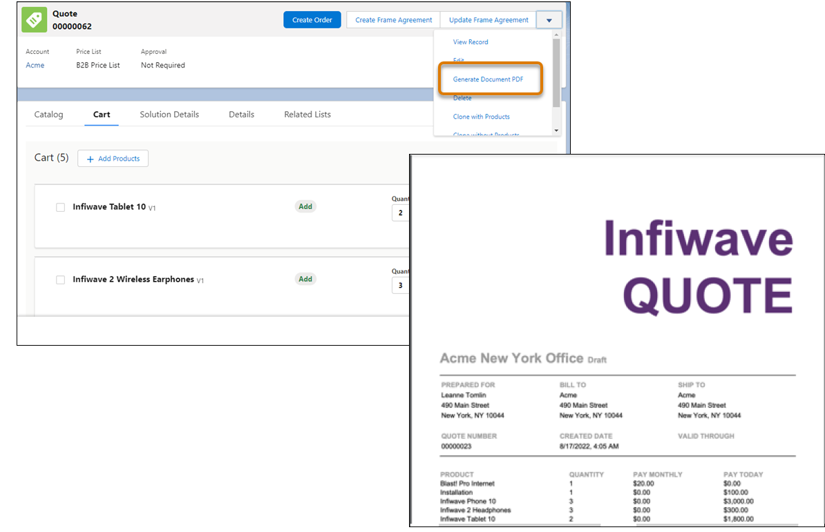 Generate Document PDF option on the Quote screen, and a generated Infiwave Quote PDF