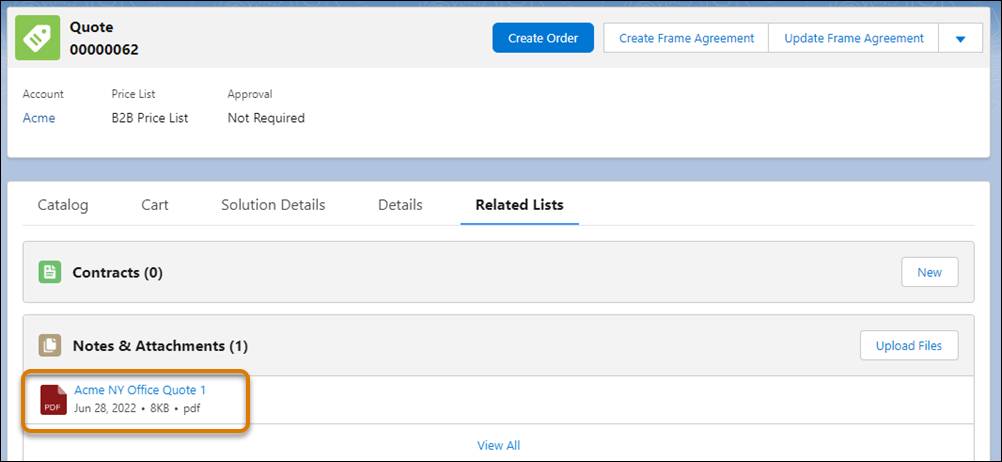 ACME NY Office Quote 1 PDF document in the Notes & Attachments section on the Quote screen
