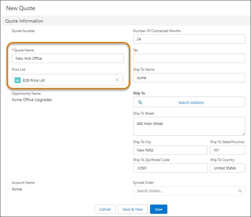 Quote Name field with value New York Office and Price List lookup field with B2B Price List selected