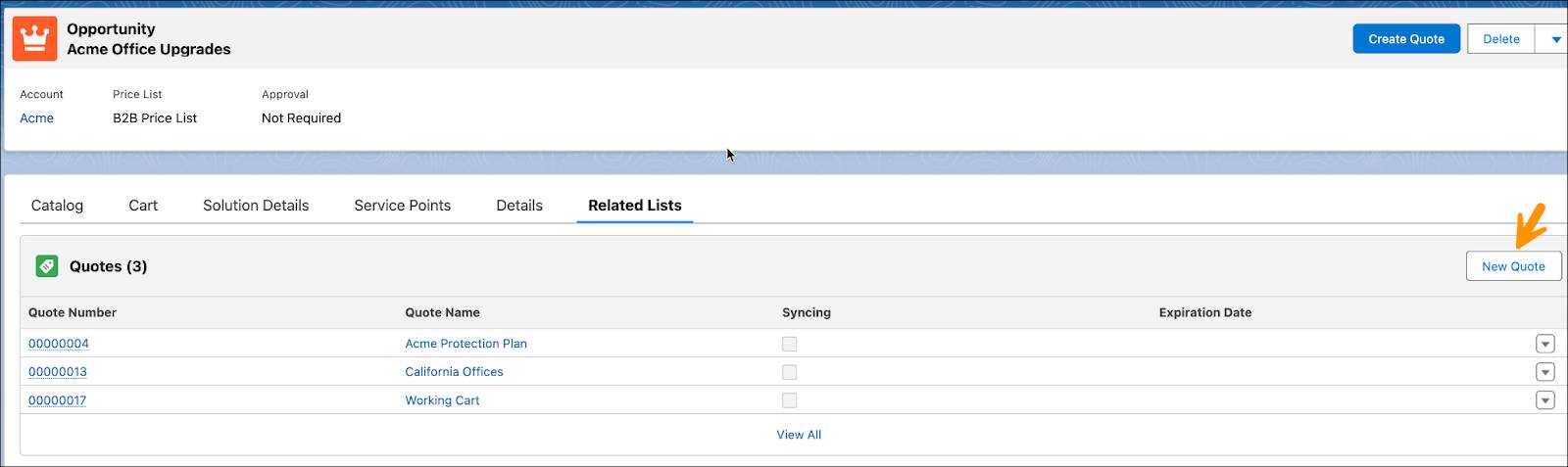 An opportunity record with the New Quote button highlighted