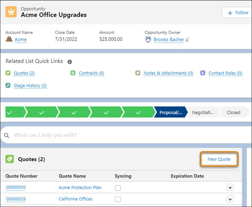 An opportunity record with the New Quote button highlighted