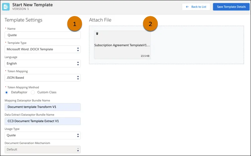 Document Template Designer UI displaying the Start New Template screen with the Template Settings and Attach File section highlighted