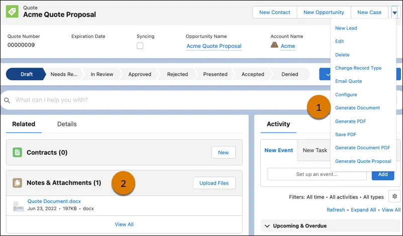 A draft quote highlighting the document-generation options and a generated quote document in the Notes and Attachments section