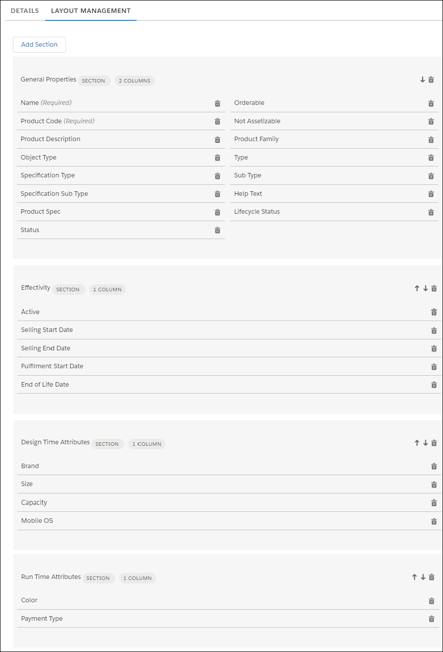 The Layout Management tab of an object type with sections for fields and attributes.