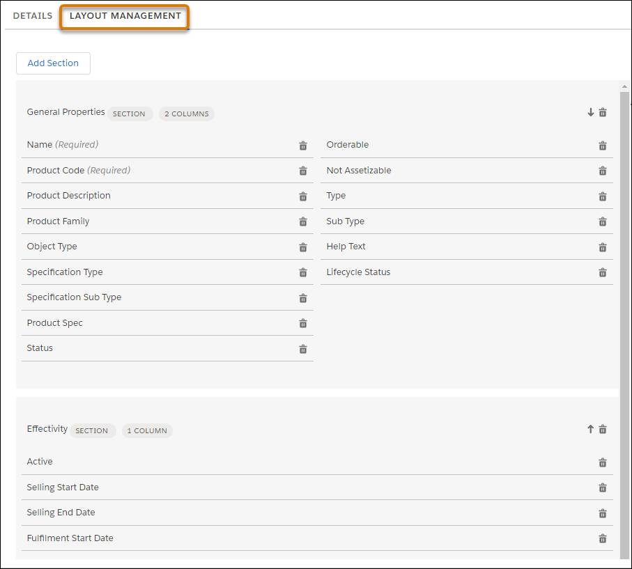 The Layout Management tab with the layout for the Object type.