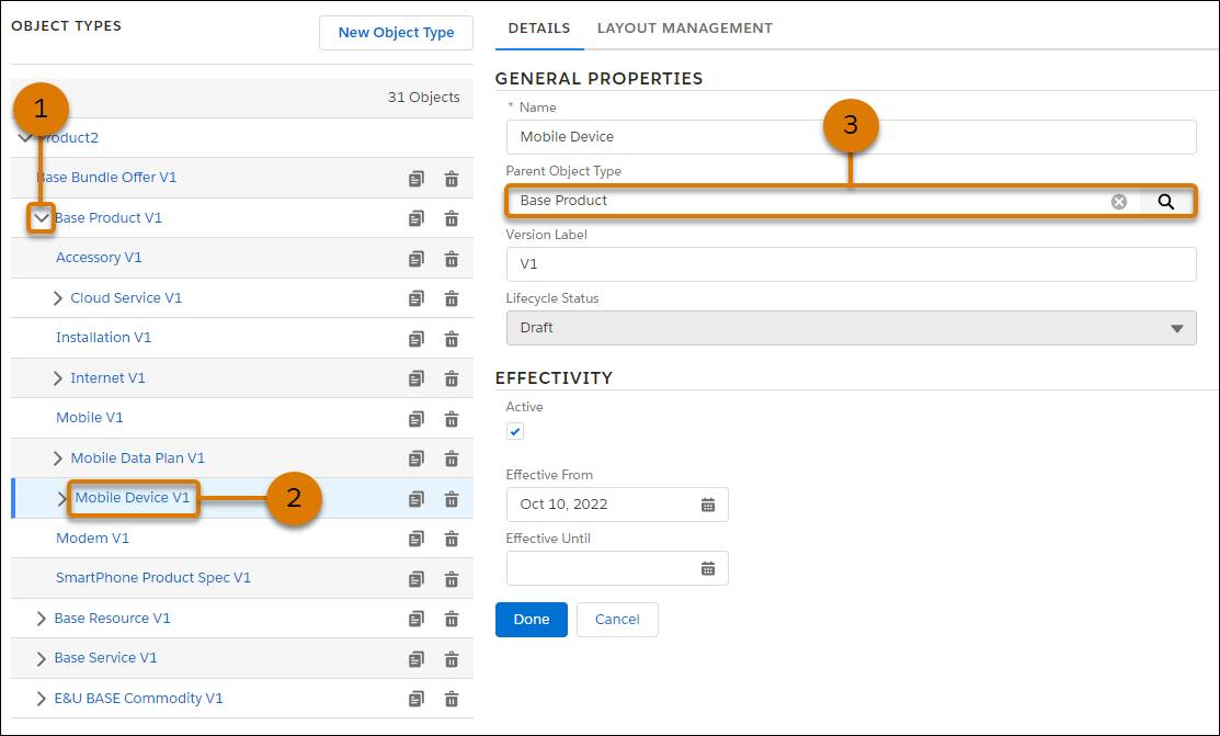 Mobile Device Object subtype nested under the Base Product Object type.