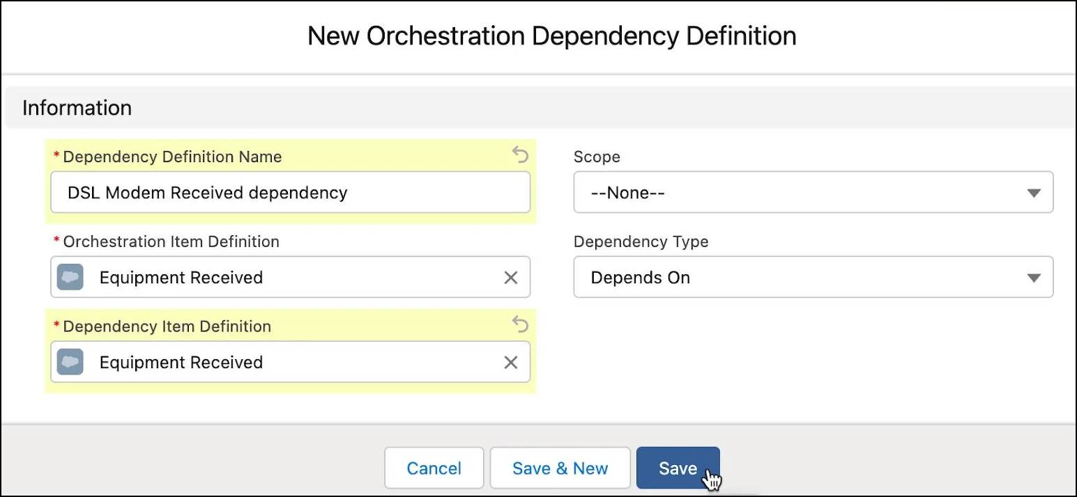 The New Orchestration Dependency Definition window.