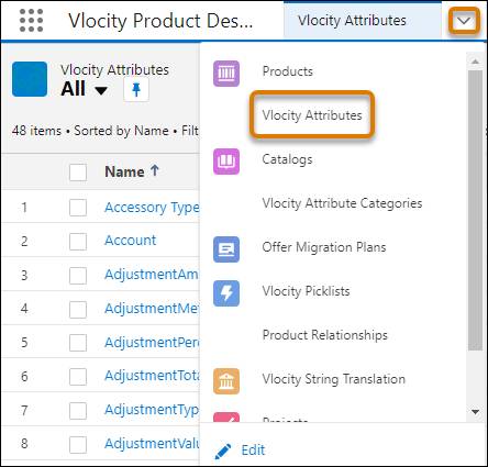 The Vlocity Attributes highlighted in the Product Designer menu.