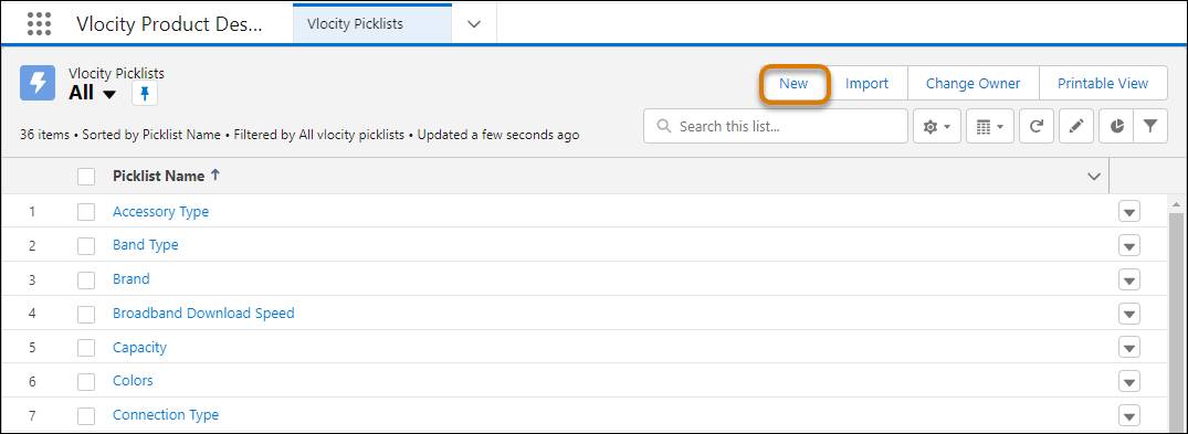The New button highlighted in the Vlocity Picklists workspace.