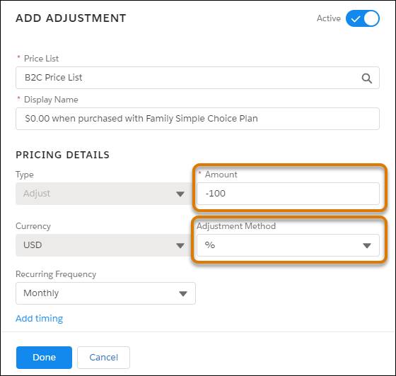 -100 entered in the Amount field and the Adjustment Method field set to % in the Add Adjustment pane.