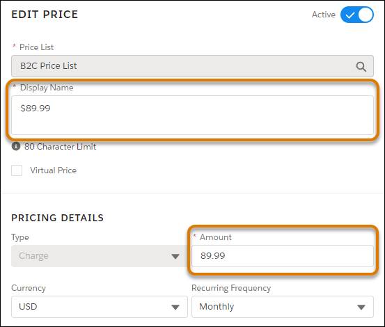 Edit Price pane with Display Name field set to $89.99 and Amount field set to 89.99.