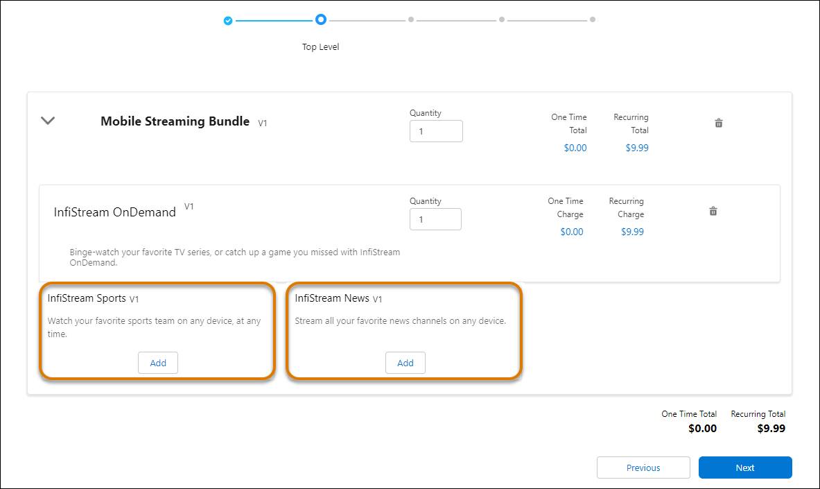 Mobile Streaming Bundle configuration screen showing two optional add-on channel products.