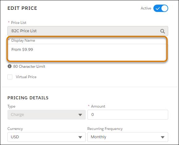 Display Name field with entered text: From $9.99.