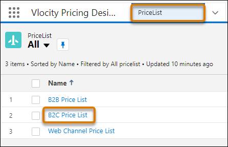 B2C Price List in the Pricing Designer PriceList workspace.