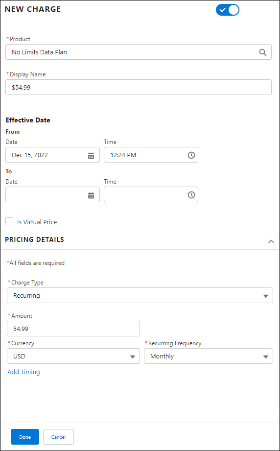 New Charge pane in Pricing Designer.