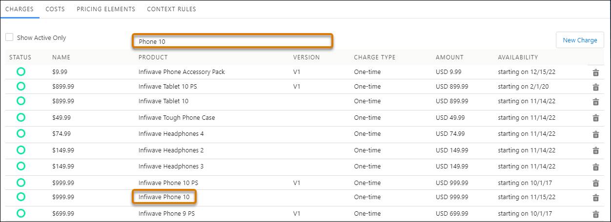 Phone 10 search term in the search bar and Infiwave Phone 10 product in the Charges tab of the B2C Price List.