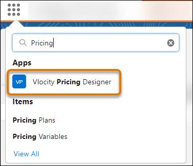 Vlocity Pricing Designer app in the App Launcher navigation menu.