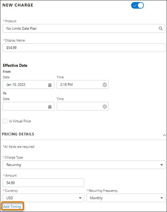 New Charge pane with Add Timing link.